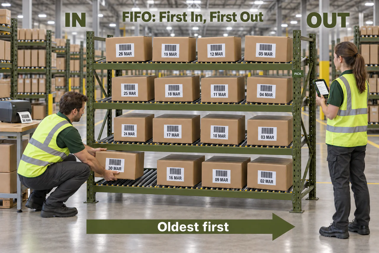 A carton flow rack in a stockroom: a delivery dated 30 March is loaded at the back, and a picker with a handheld or scan station takes the oldest cartons, dated 2 to 5 March, from the front.