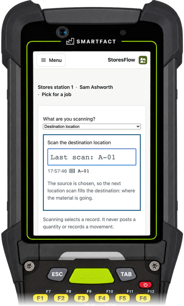 StoresFlow pick screen after bin A-01's label was scanned: the source is chosen, and the next location scan fills the destination