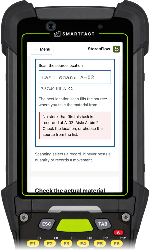 StoresFlow refusing a scan of bin A-02: no stock that fits this task is recorded at A-02, check the location or choose the source from the list