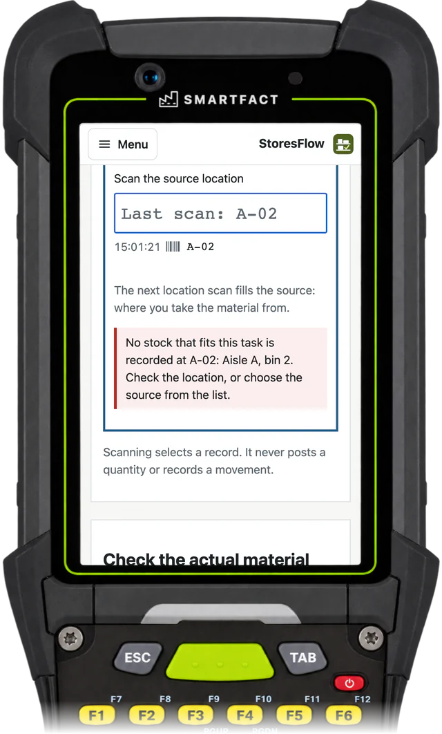 StoresFlow refusing a scan of bin A-02: no stock that fits this task is recorded at A-02, check the location or choose the source from the list