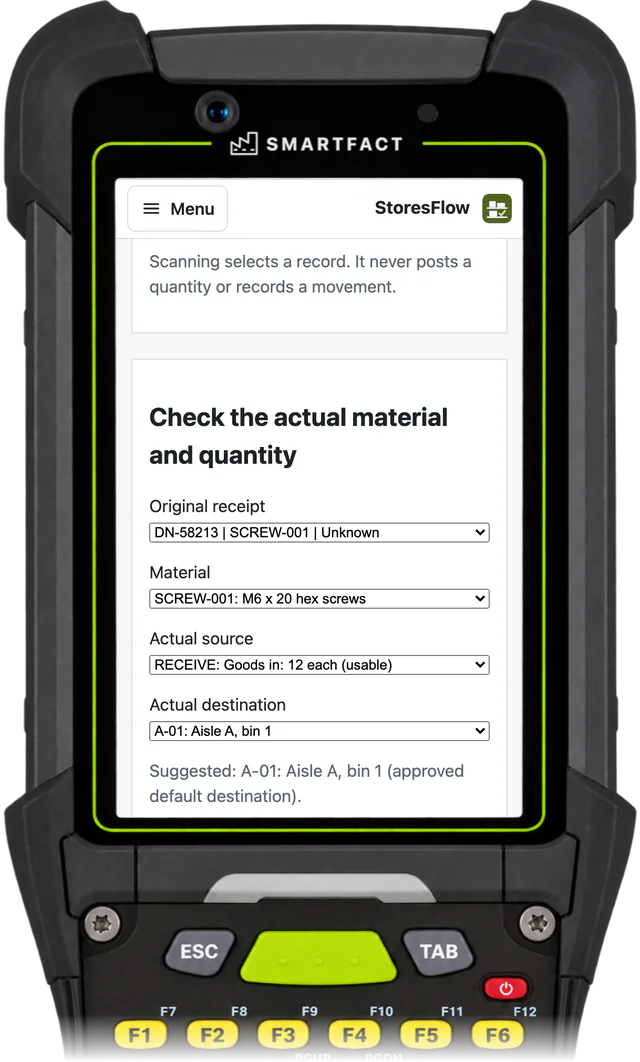 StoresFlow put-away screen for receipt DN-58213 of SCREW-001 from goods in, with bin A-01 suggested as the approved default destination and chosen as the actual destination