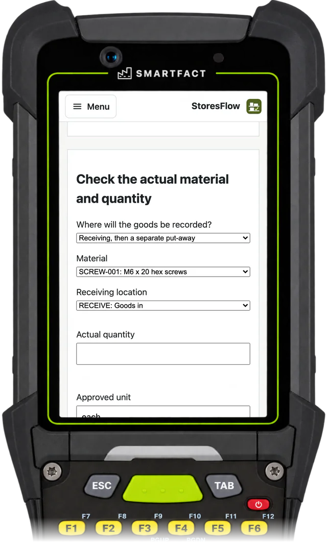 StoresFlow receiving screen recording SCREW-001 at the RECEIVE goods-in location, to be put away separately