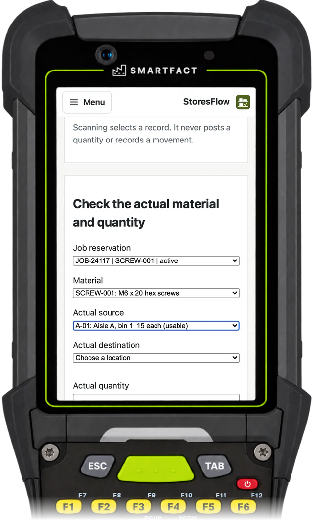 StoresFlow pick-for-a-job screen with its scan box, noting that scanning selects a record and never posts a quantity