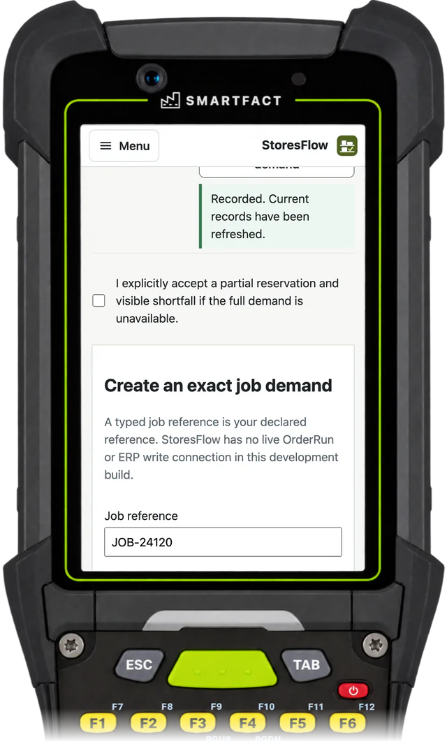 StoresFlow on a handheld or scan station after a reservation is recorded: the confirmation shows under the reserve button, above the form for an exact job demand, JOB-24120