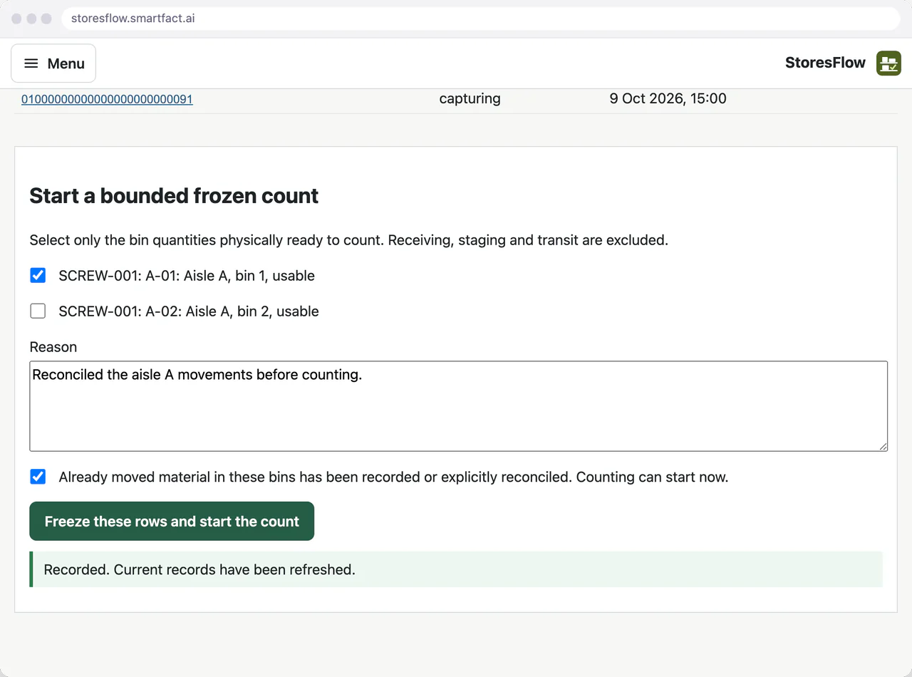 StoresFlow count page starting a bounded frozen count of SCREW-001 in bin A-01