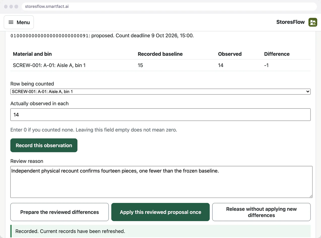 StoresFlow count review with the observed 14, the supervisor’s review reason and the button to apply the reviewed proposal once